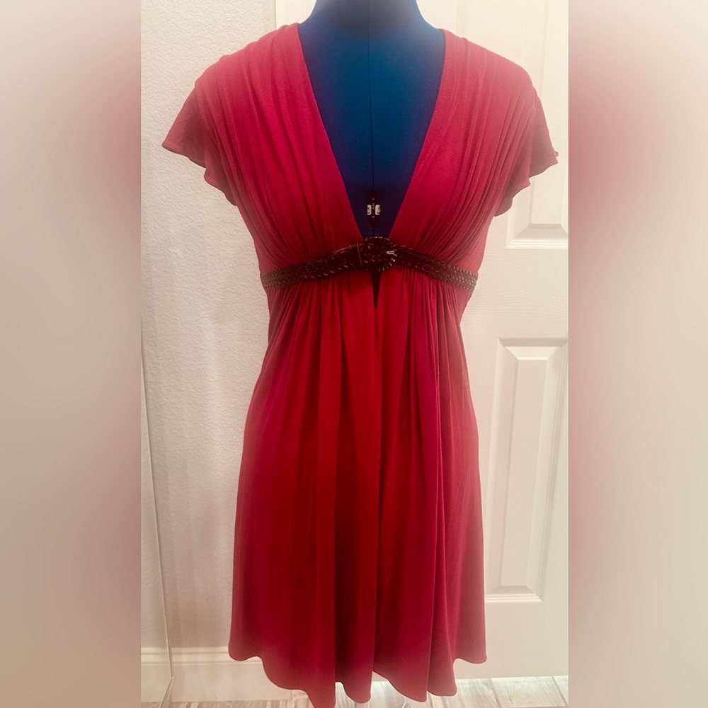 SKY: Burgundy, Leather Braided Belted Dress, Large